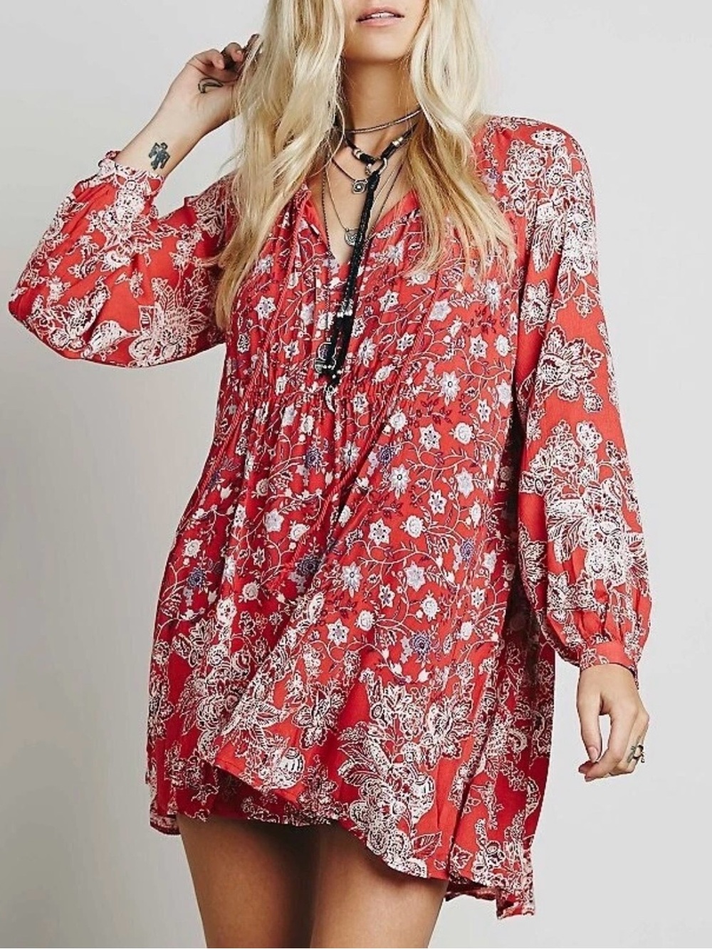 Free People Lucky Loosey Dress L Blood Orange Floral Boho Mini Tunic